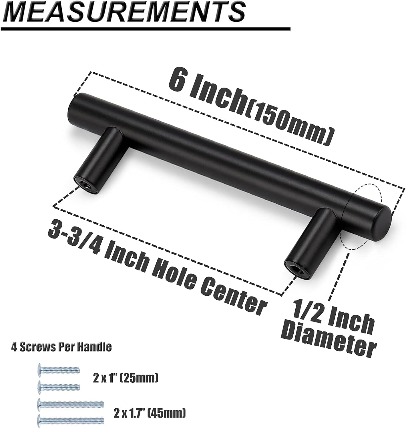 (25 Pack Flat Black Modern Kitchen Cabinet Pulls 3-3/4" Hole Centers Euro T Bar Stainless Steel Cupboard Dresser Handles