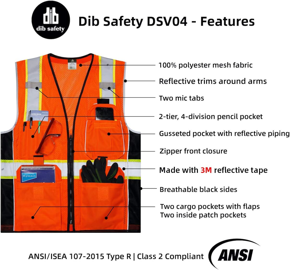 Vest Reflective Orange Mesh, High Visibility Vest with Pockets and Zipper, Heavy Duty Vest Made with 3M Reflective Tape 2XL