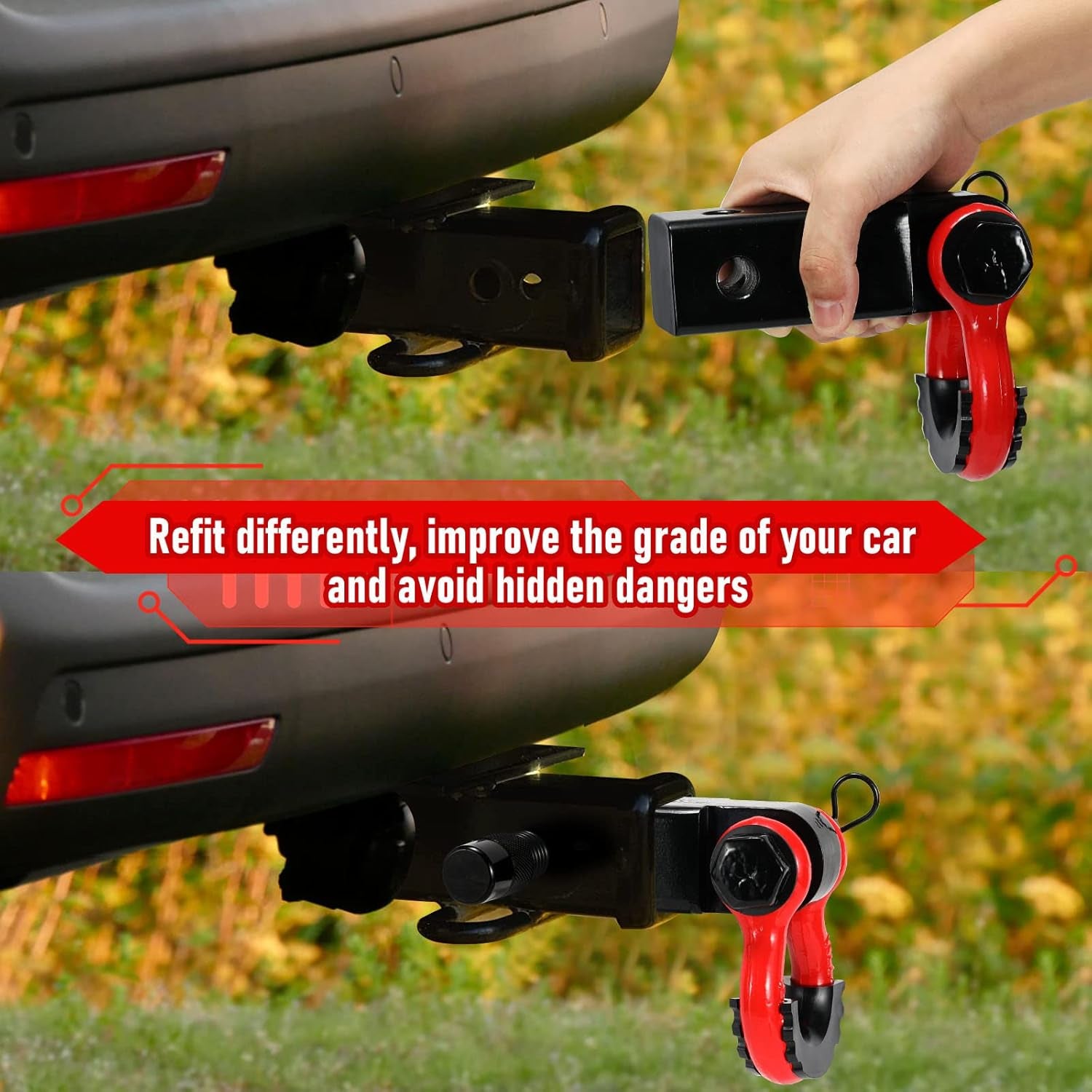 Shackle Hitch Receiver & Towing Hitch Lock, with 3/4 Inch D-Ring Shackle, 2 Insurance Pins, Weatherproof Anti-Theft Lockable Heavy Duty Solid Recovery Kit - Red