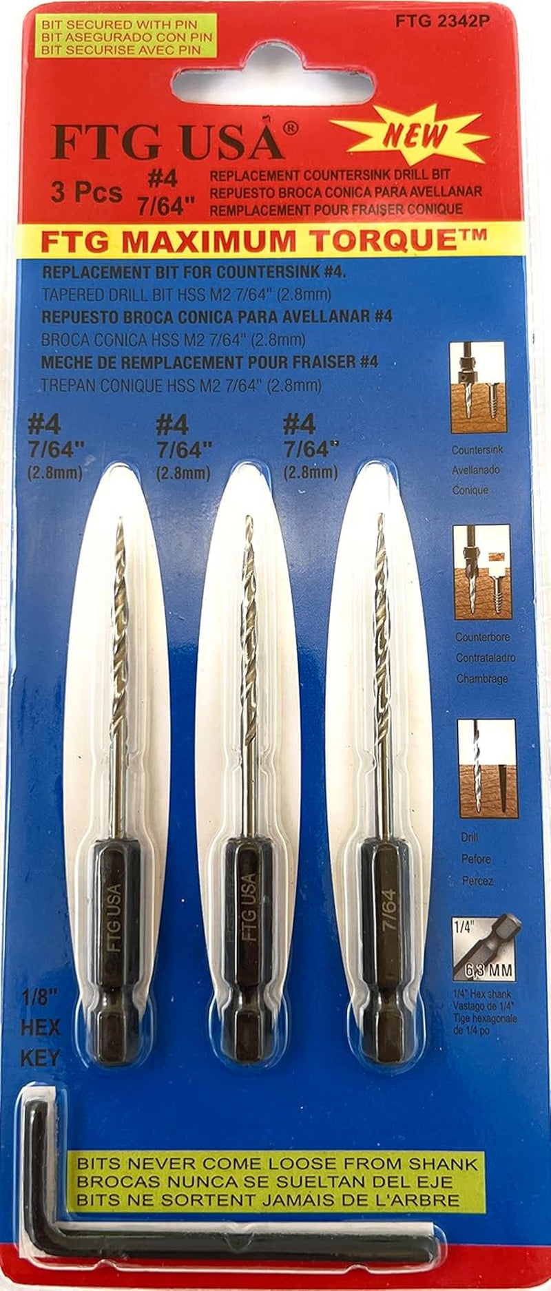 Replacement Tapered Countersink Drill Bit Set 3 Pc (#4) 7/64"