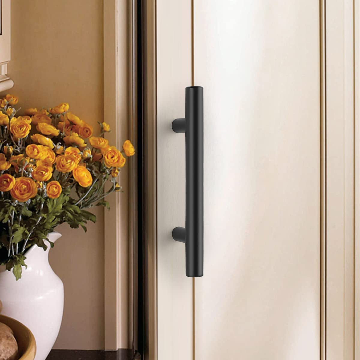 (25 Pack Flat Black Modern Kitchen Cabinet Pulls 3-3/4" Hole Centers Euro T Bar Stainless Steel Cupboard Dresser Handles