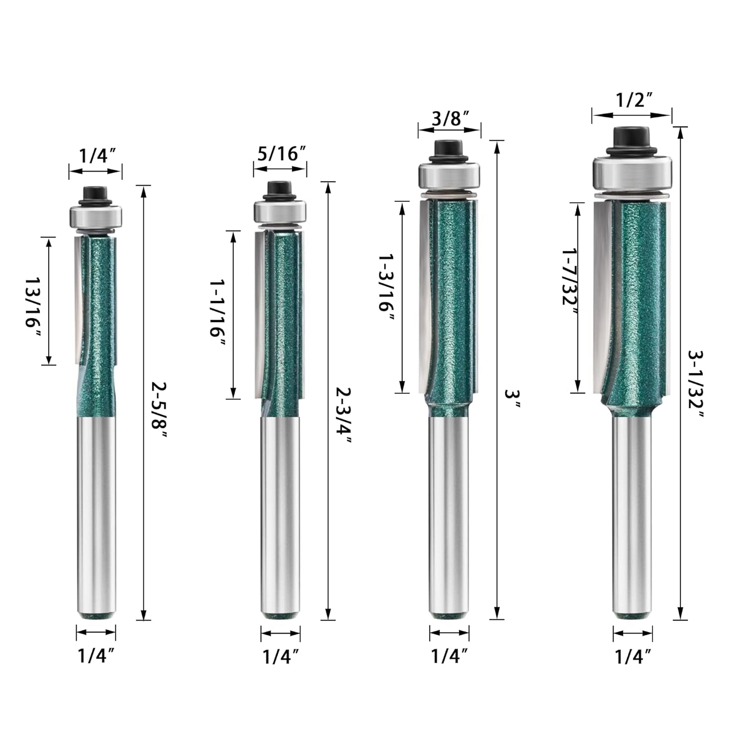 Flush Trim Router Bits 1/4 Shank, Top Bearing Flush Trim Cut Router Bits Set, 1/4 Flush Cut Router Bits, Handy, Durable & Sharp for Home DIY