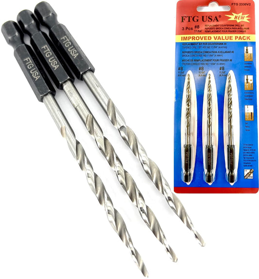 Tapered Countersink Drill Bit Set 3 Pc #8 (11/64") Tapered Drill Bit Replacement, Countersink Bit Same Size for Wood Countersink Drill Bits