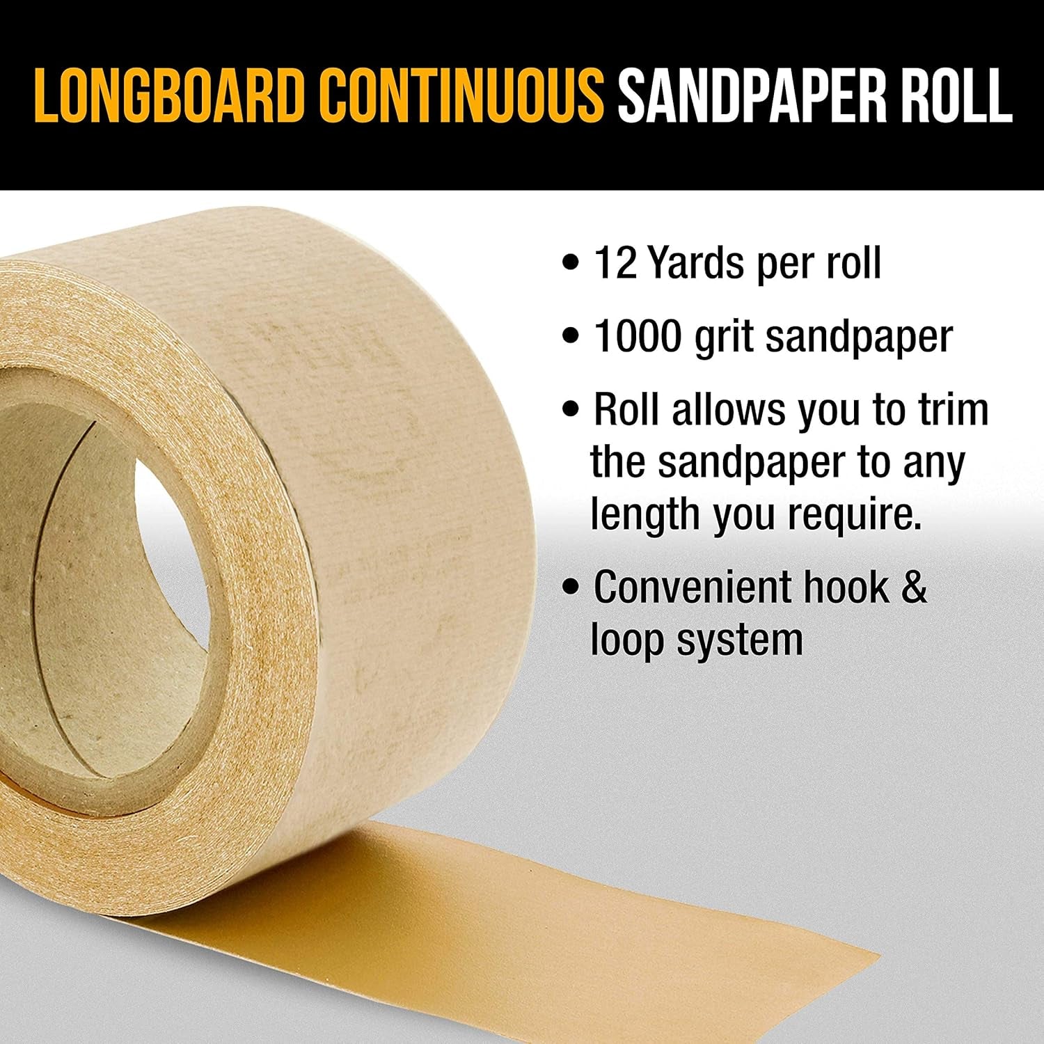 Premium - 1000 Grit Gold - Hook & Loop Backing Longboard Continuous Sandpaper Roll, 2-3/4" Wide, 12 Yards Long - for Automotive Detailing, Fine Color Sanding, Long Board Sander, Hand Blocks