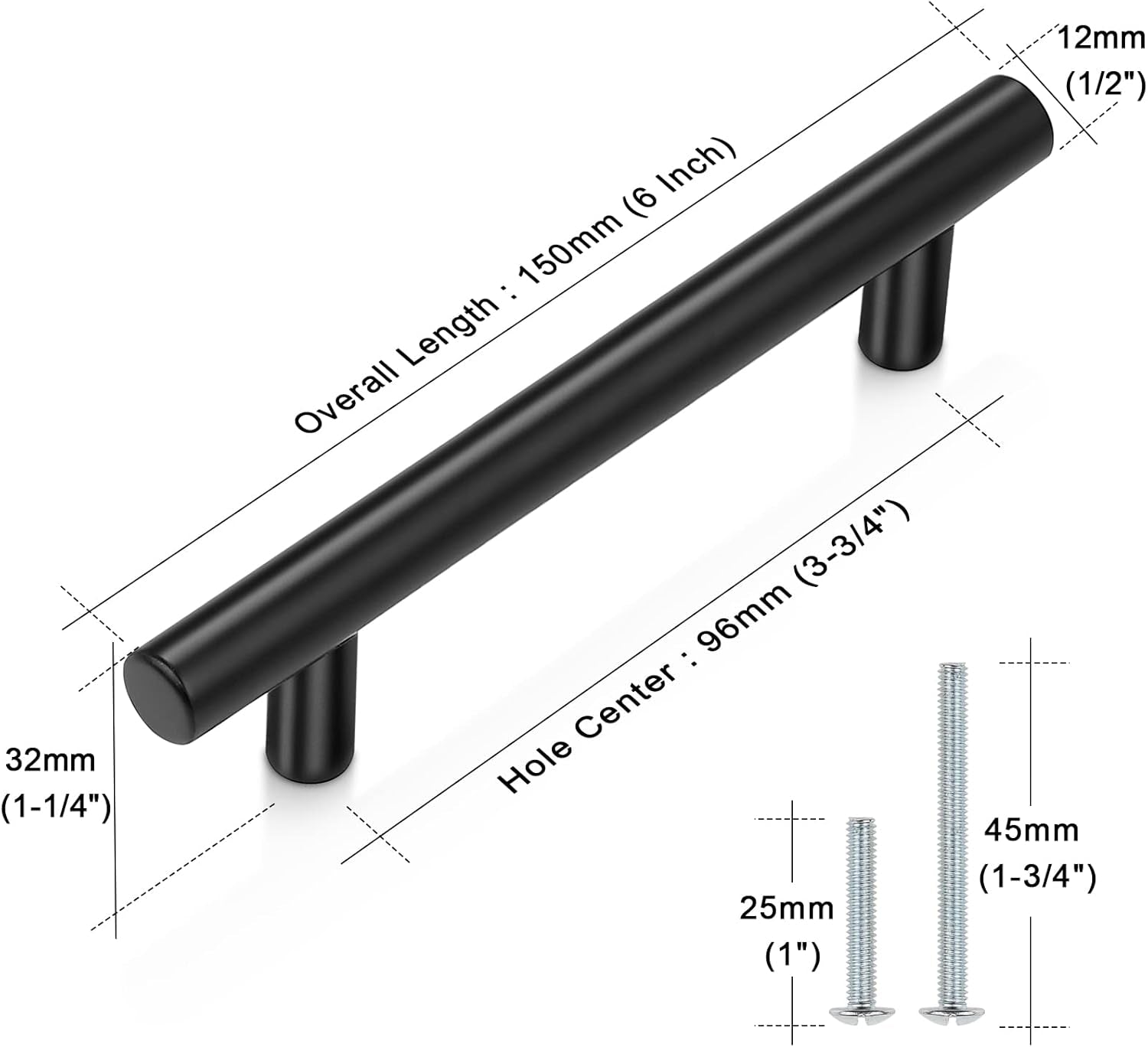 (25 Pack Flat Black Modern Kitchen Cabinet Pulls 3-3/4" Hole Centers Euro T Bar Stainless Steel Cupboard Dresser Handles