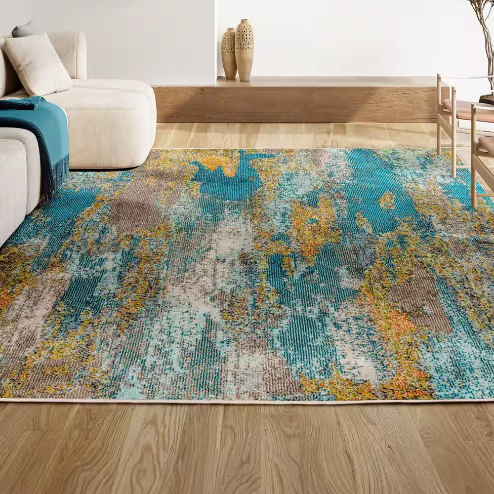 Contemporary Pop Modern Abstract Vintage Waterfall Dark Blue/Multi 4 Ft. X 6 Ft. Area Rug