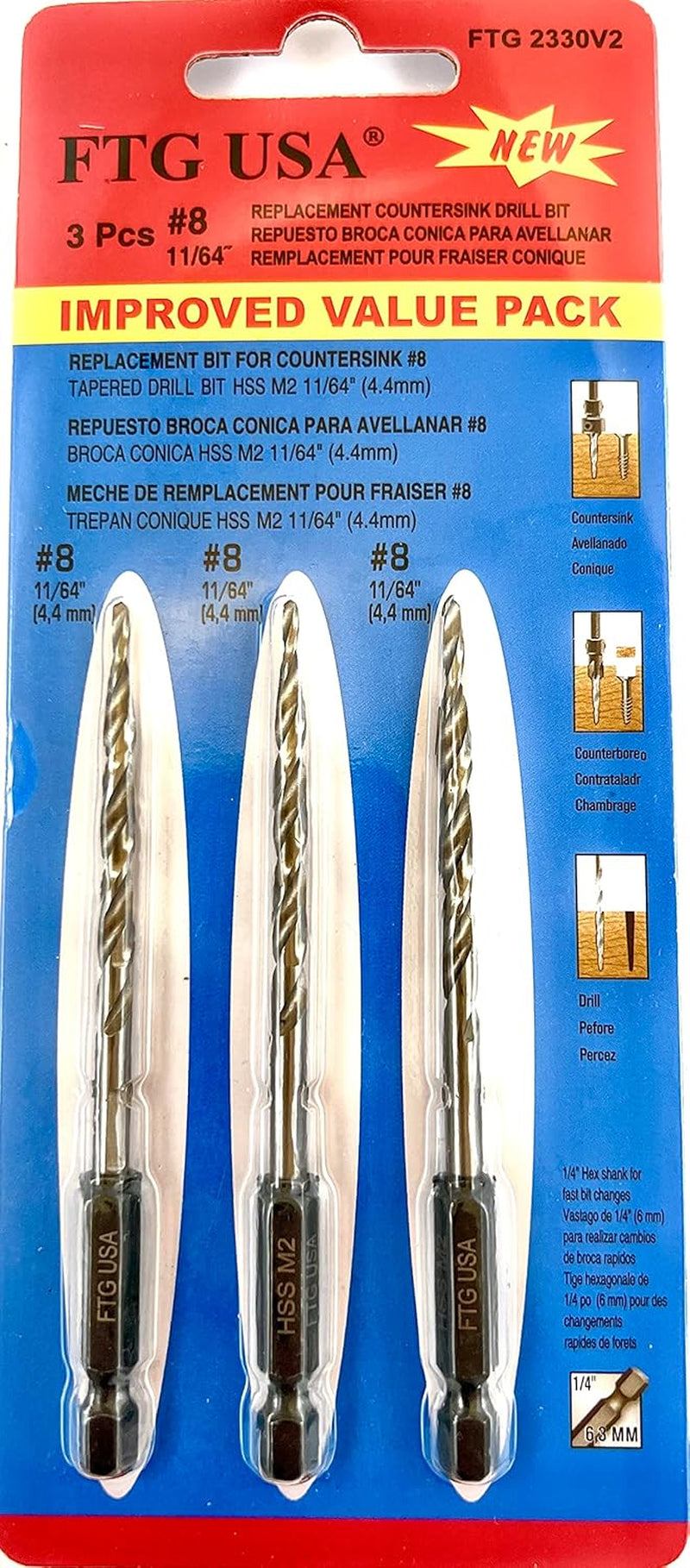 Tapered Countersink Drill Bit Set 3 Pc #8 (11/64") Tapered Drill Bit Replacement, Countersink Bit Same Size for Wood Countersink Drill Bits