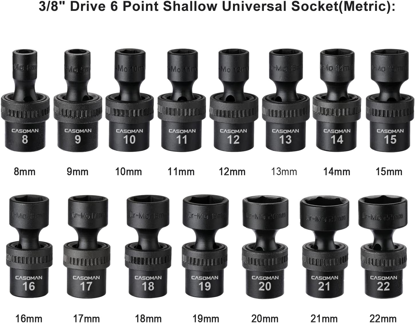 15 PCS 3/8" Drive Standard Universal Impact Socket Set, 6-Point, Metric, 8Mm - 22Mm