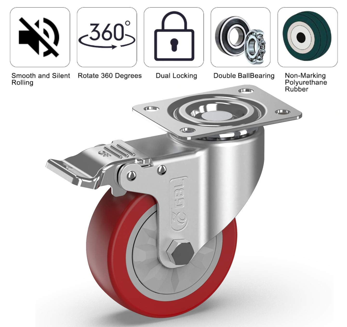 4" Heavy Duty Caster Wheels with Brakes + Screws - up to 1320Lbs - Set of 4 No Floor Marks Silent Industrial Castor for Furniture - Rubbered Trolley or Pallet Swivel Wheels - Black Casters