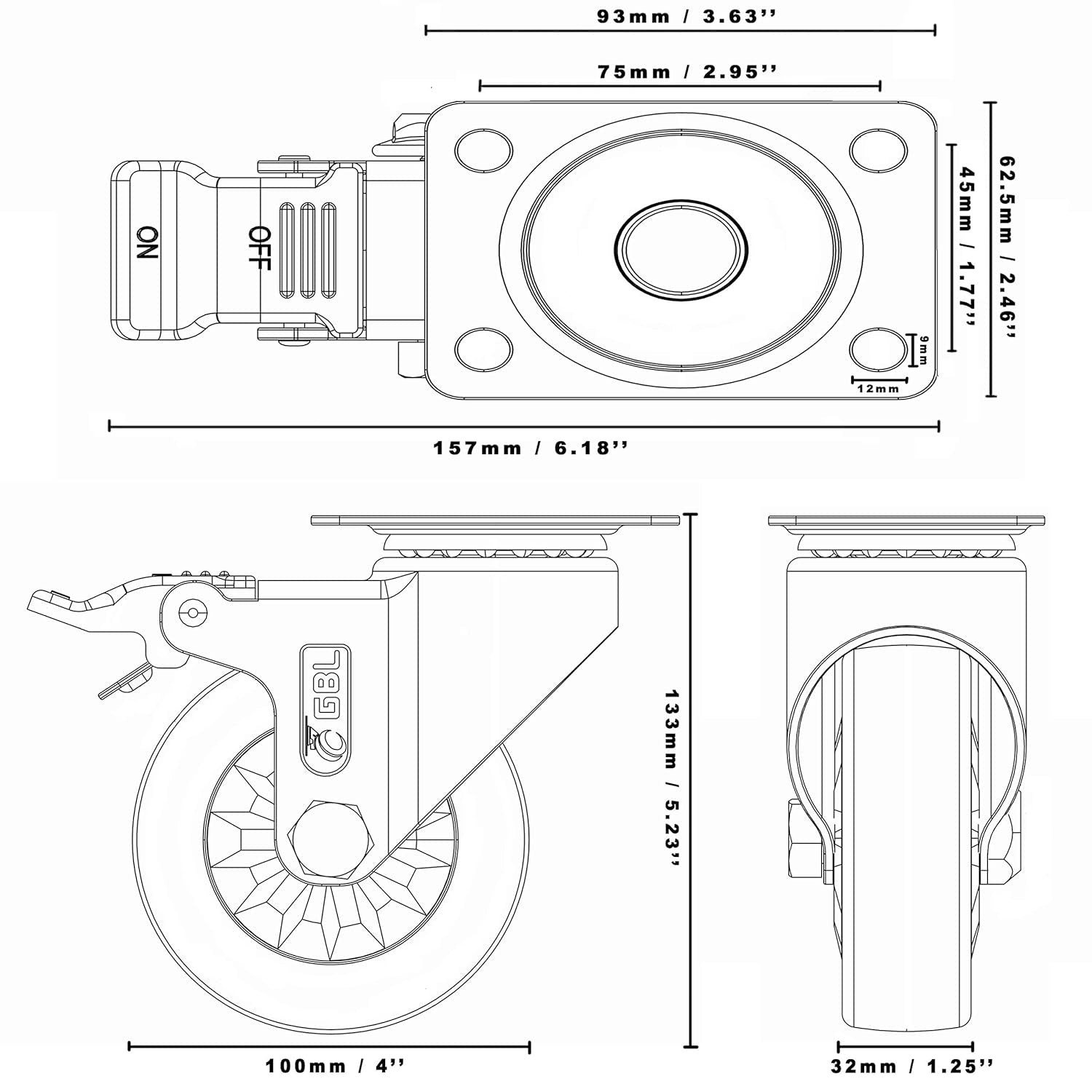 4" Heavy Duty Caster Wheels with Brakes + Screws - up to 1320Lbs - Set of 4 No Floor Marks Silent Industrial Castor for Furniture - Rubbered Trolley or Pallet Swivel Wheels - Black Casters