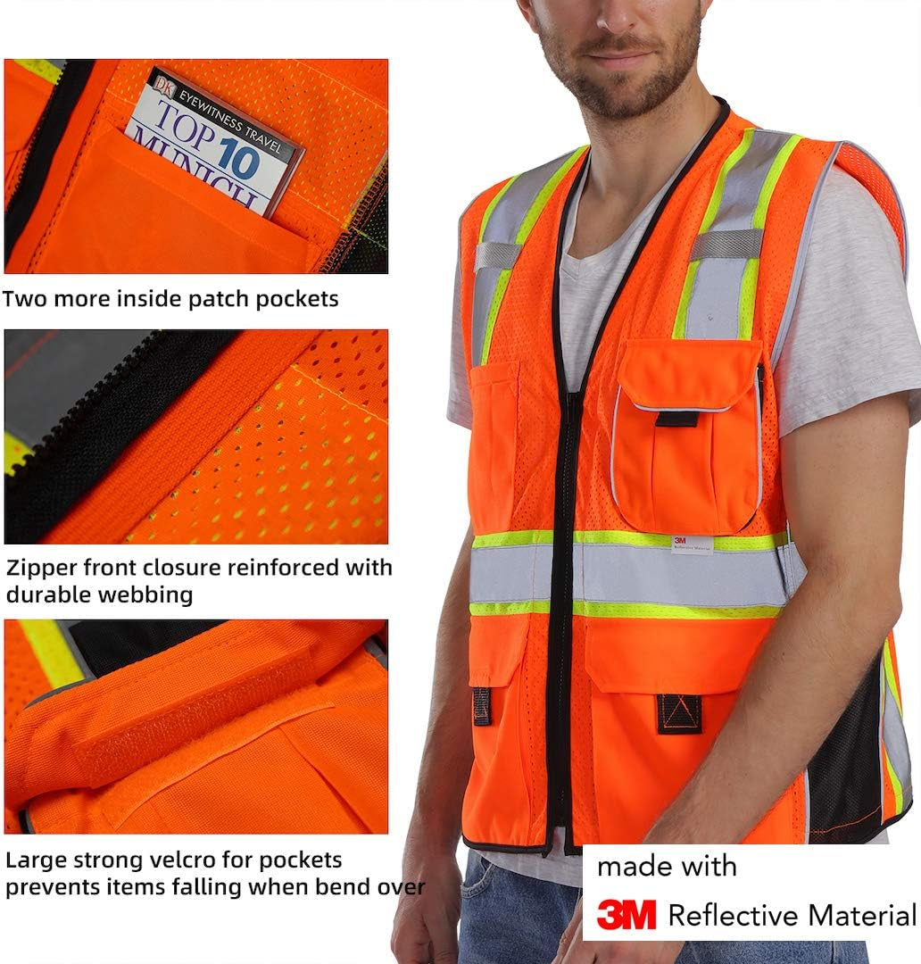 Vest Reflective Orange Mesh, High Visibility Vest with Pockets and Zipper, Heavy Duty Vest Made with 3M Reflective Tape 2XL
