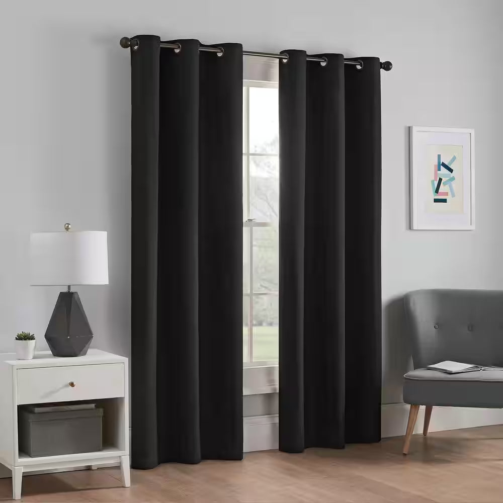 Microfiber Thermaback Black Solid Polyester 42 In. W X 84 In. L Blackout Single Grommet Top Curtain Panel
