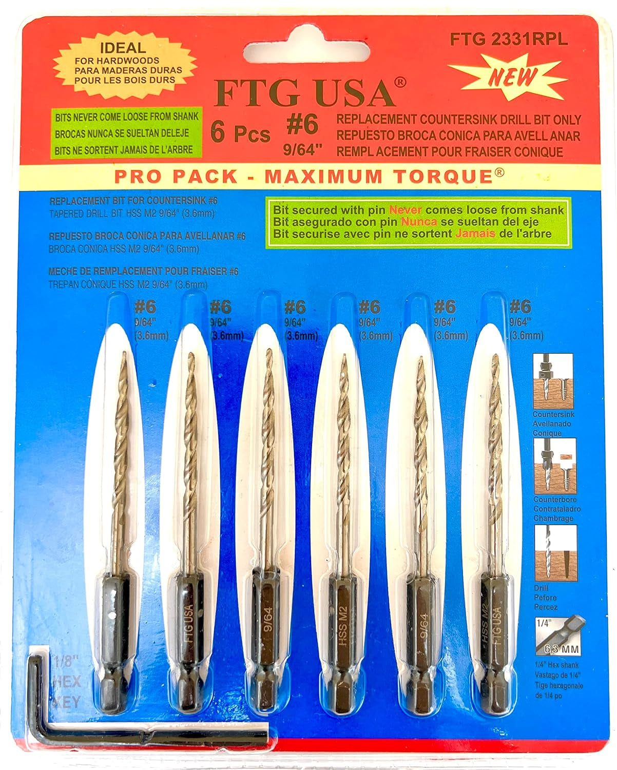 Replacement Tapered Countersink Drill Bit Set 6 Pc (#6) 9/64"