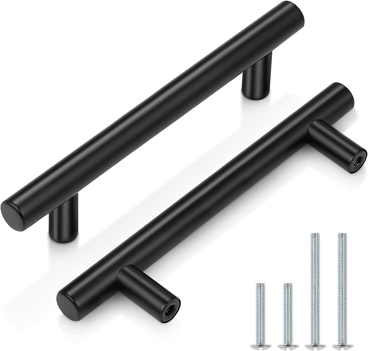 (25 Pack Flat Black Modern Kitchen Cabinet Pulls 3-3/4" Hole Centers Euro T Bar Stainless Steel Cupboard Dresser Handles