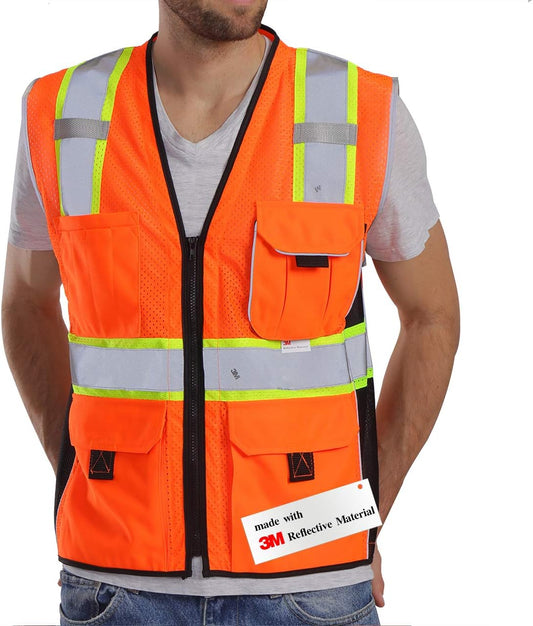 Vest Reflective Orange Mesh, High Visibility Vest with Pockets and Zipper, Heavy Duty Vest Made with 3M Reflective Tape 2XL