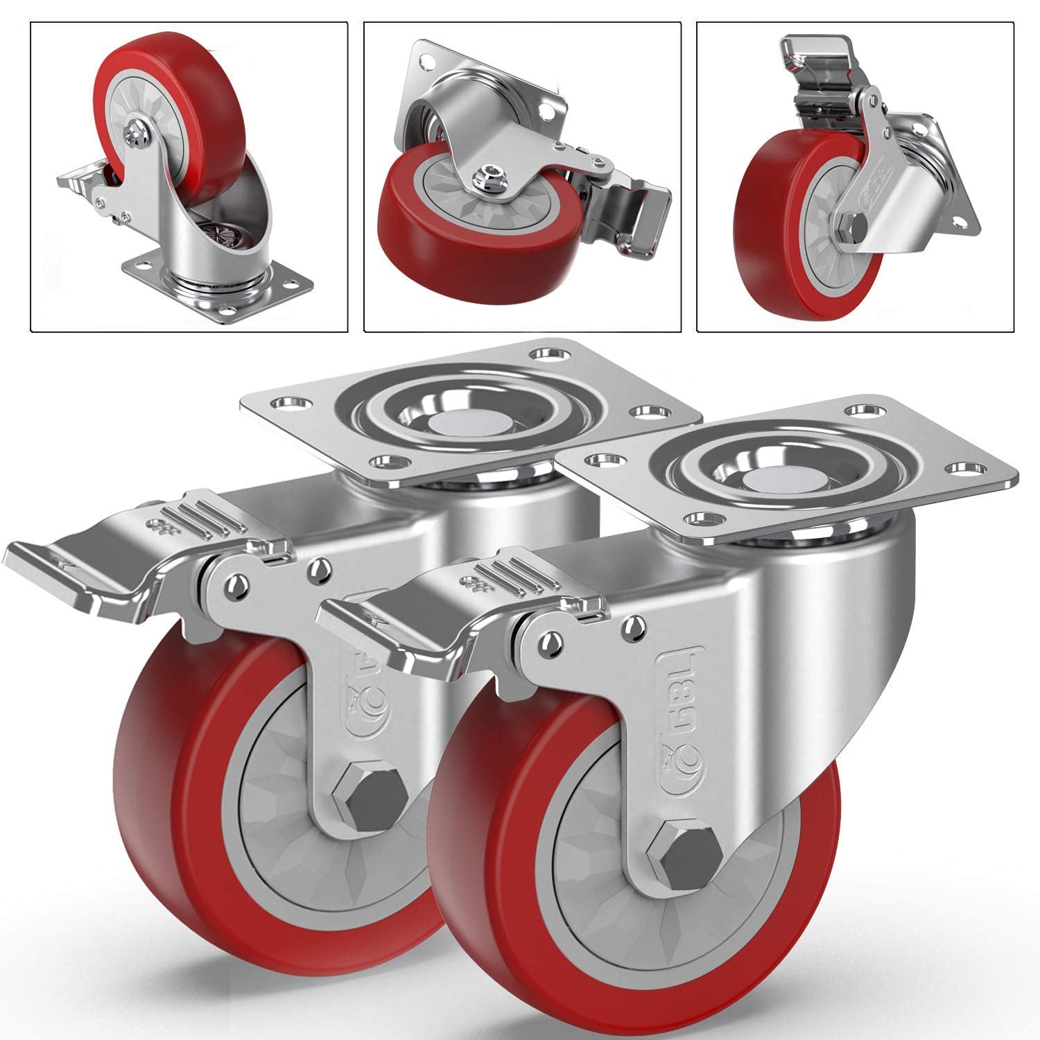 4" Heavy Duty Caster Wheels with Brakes + Screws - up to 1320Lbs - Set of 4 No Floor Marks Silent Industrial Castor for Furniture - Rubbered Trolley or Pallet Swivel Wheels - Black Casters
