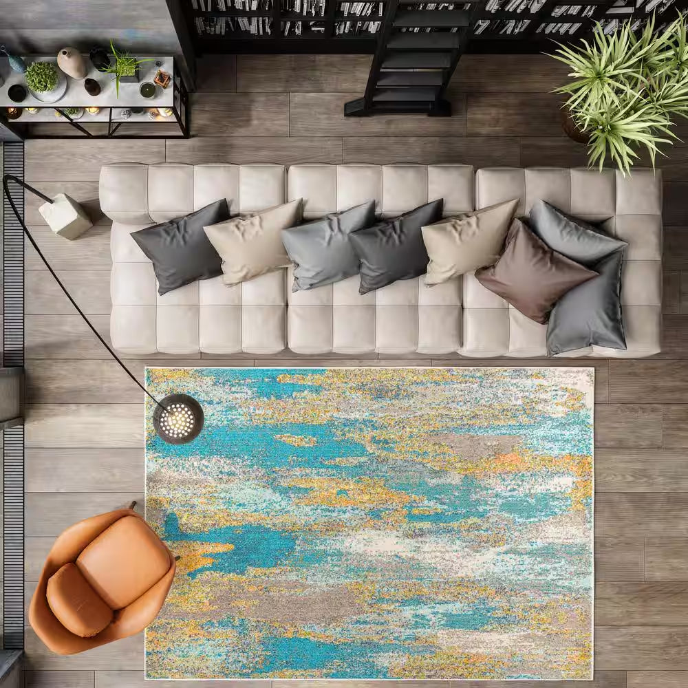 Contemporary Pop Modern Abstract Vintage Waterfall Dark Blue/Multi 4 Ft. X 6 Ft. Area Rug