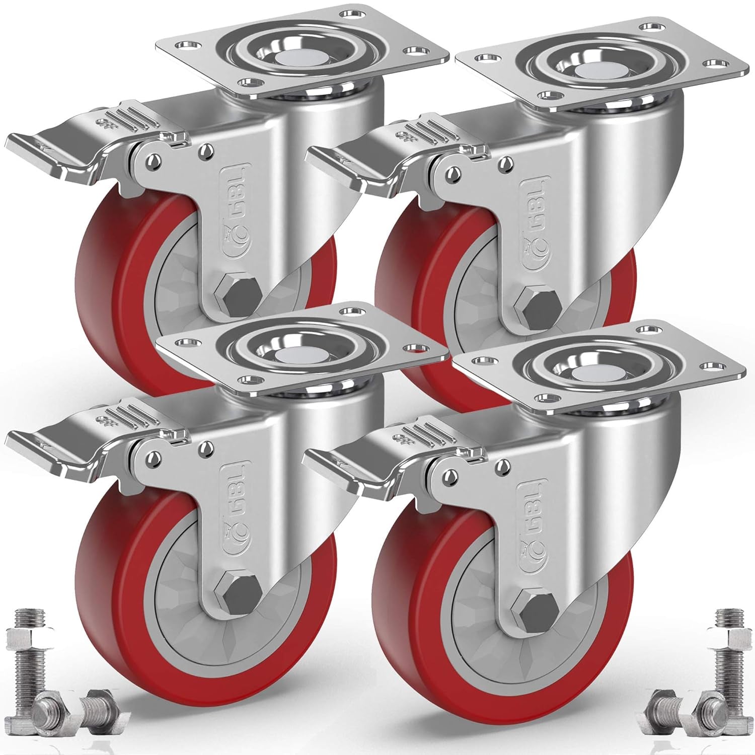 4" Heavy Duty Caster Wheels with Brakes + Screws - up to 1320Lbs - Set of 4 No Floor Marks Silent Industrial Castor for Furniture - Rubbered Trolley or Pallet Swivel Wheels - Black Casters